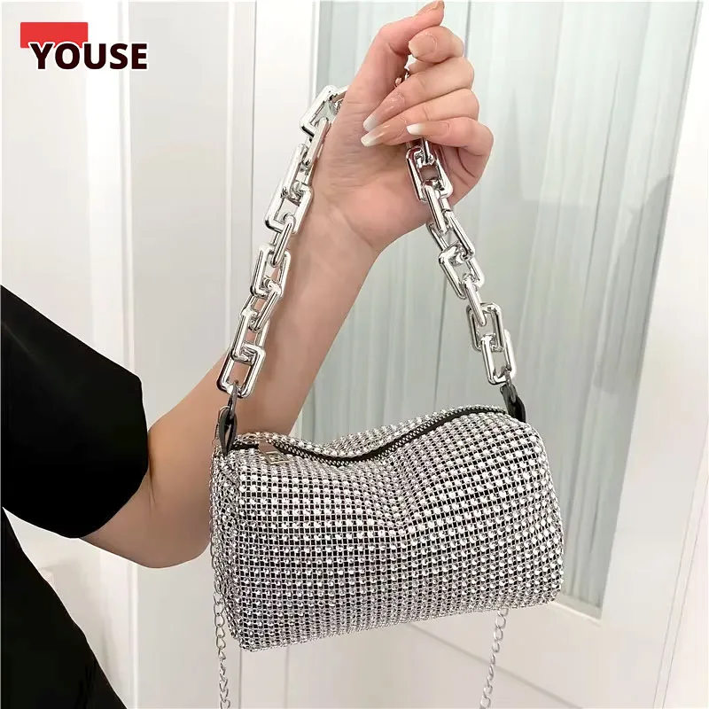Rhinestone Cylinder Bag White Crystal Crossbody Purse with Silver Metal Chains Crossbody Bag | Chain Handbag for Women