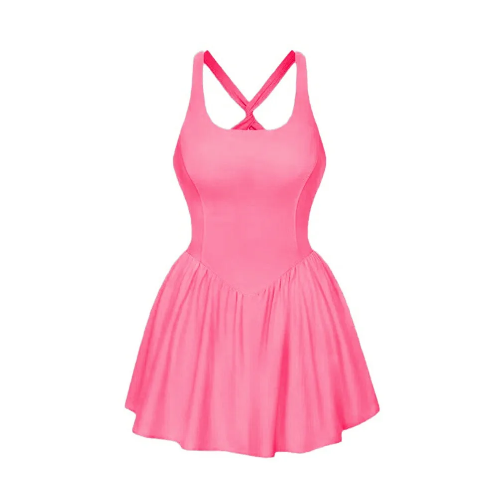 

Sweet Cross Strap Girls Sling A-line Skirt High Waist Pleated Teenagers Dress Sporty Style Slim Fit Sleeveless Short Dress Club