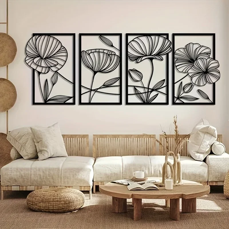 CIFBUY 4pcs Metal Flower Home Decoration, Flower Abstract Wall Hanging Sculpture Minimalist Wall Decoration, Home Wall Art Home