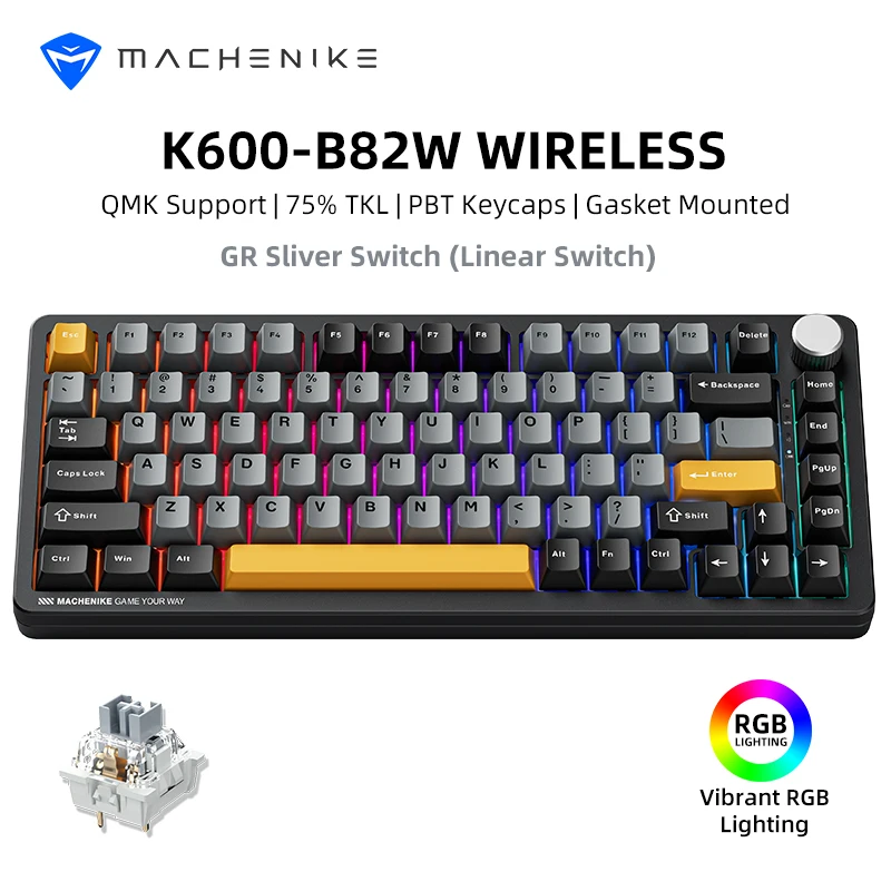 Teclado mecánico Machenike K600-B82W, tres modos, montado en junta, diseño 75% ANSI, teclado inalámbrico retroiluminado RGB para juegos