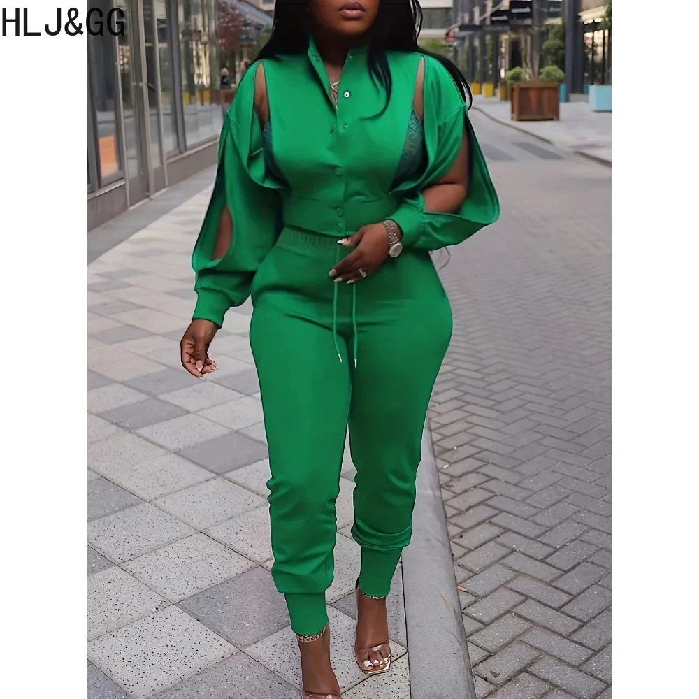 

HLJ&GG Casual Solid Color Hollow Jogger Pants Two Piece Sets Women Button Long Sleeve Top + Pants Tracksuits Female 2pcs Outfits