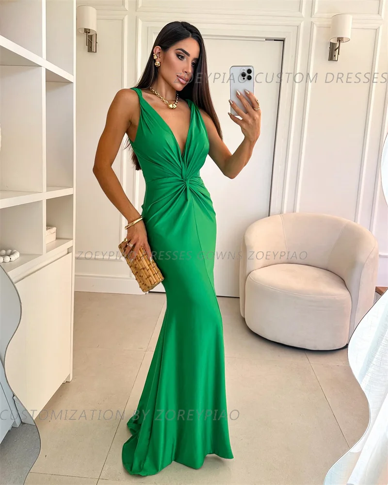 Vestidos de Noche largos sin mangas de sirena verde para mujer, vestidos de fiesta formales sin espalda con cuello de pico profundo, vestido de ocasión de Dubái