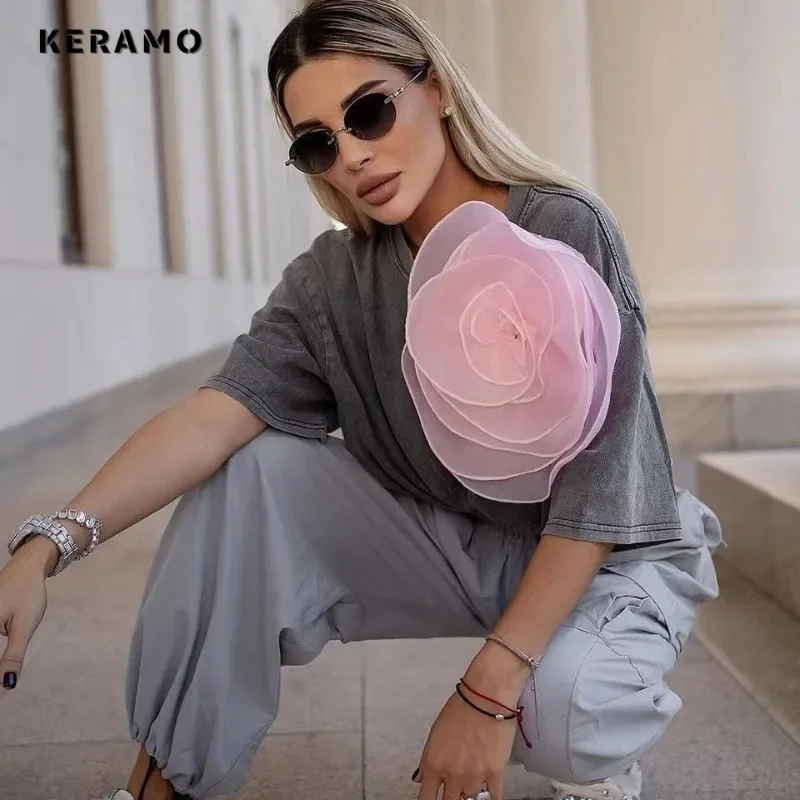 American Vintage O-Neck 3D Flower Decoration Short Sleeve Baggy T-shirt 2024 Summer Women Casual Oversized Grey Loose Tees Top