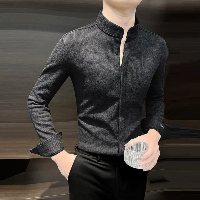 

Spring Autumn New Stand Collar Casual Fashion Woolen Shirt Male Long Sleeve Solid Color Buttons Business Bottomed Blouse Top Men