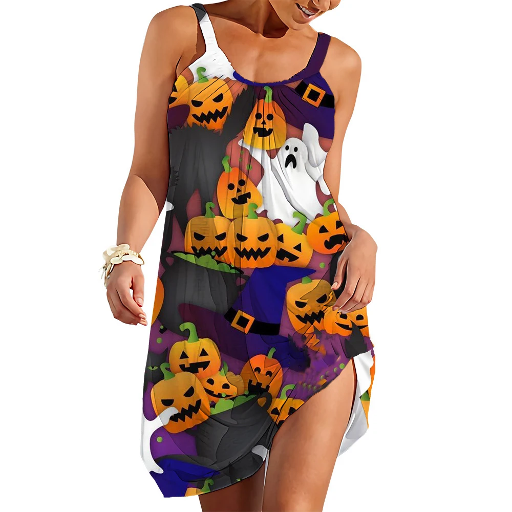 Traf Gothic Horror Ghost Halloweeen Pumpkin Vestido 3D Printed Sleeveless Beach Dresses Camisole Women's Bat Costum Y2K Hawaiian