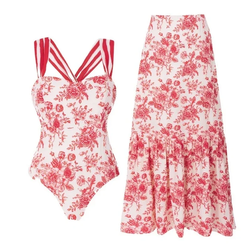 2Pc Striped One Piece Swimsuit 2025 Sexy Bandeau Push up Bikini with Bow Tie Female Swimwear Cover up Beachwear for Women