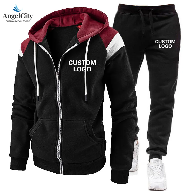 

Мужская толстовка с капюшоном на молнии по индивидуальному заказу, спортивные штаны, осенне-зимний бархатный повседневный спортивный комплект с принтом логотипа