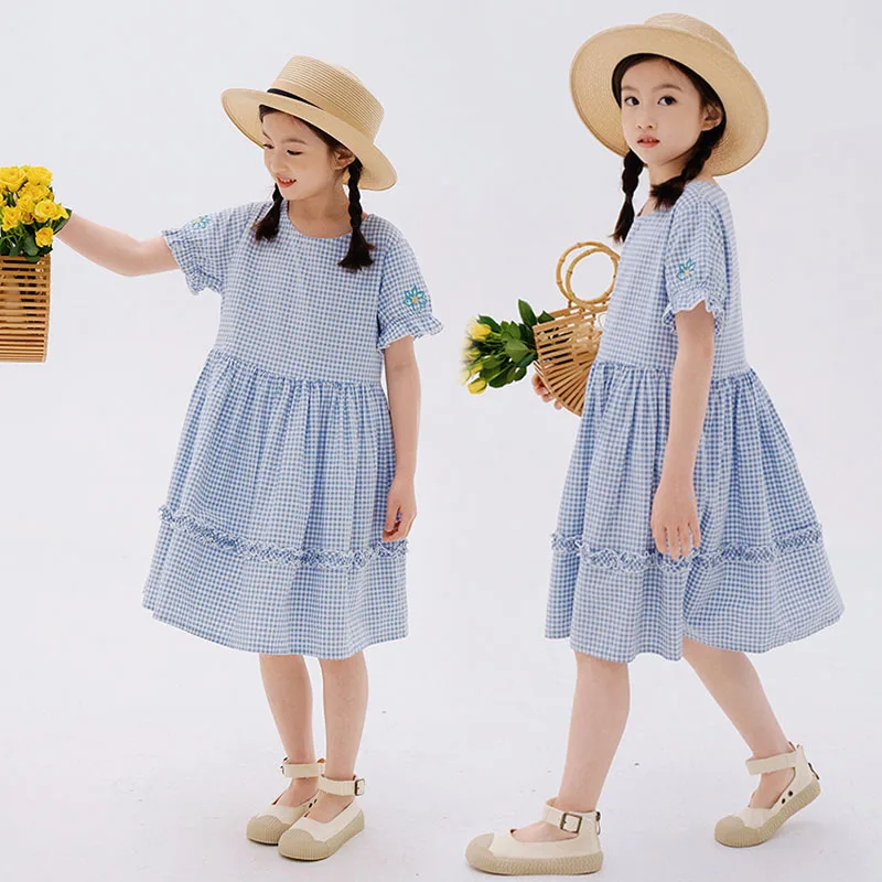 

Клетчатое платье для девочек-подростков, летняя детская одежда, красивая Праздничная хлопковая одежда с цветочной вышивкой, детская одежда, 6, 8, 10, 12, 14, 16 лет