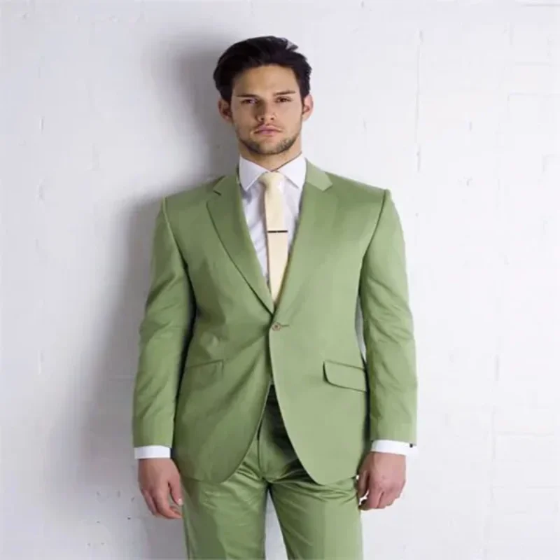 2024 Fashion Green Casual Men Suits Groom Tuxedo Prom Blazer Hombre High Quality Custom 2 Piece Jacket Pant Set Costume Homme