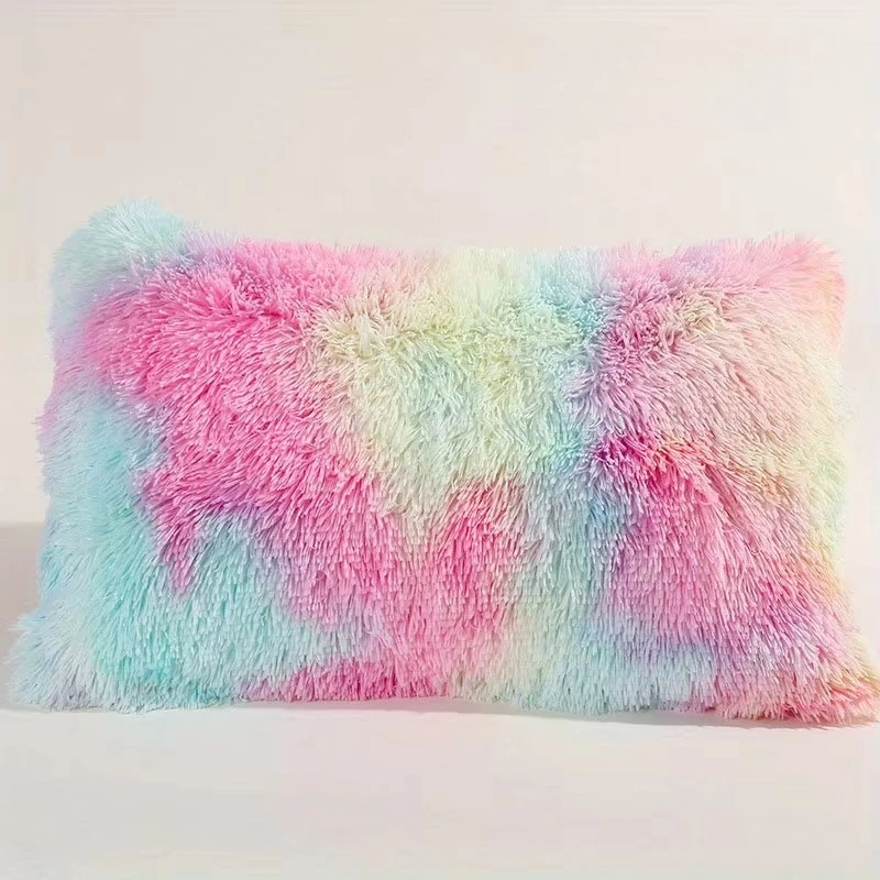 Nordic Style Rectangle Shaggy Fluffy Throw Pillow Cover Tie Dye Rainbow Velvet Faux Fur Cushion Case Sofa Home Decor