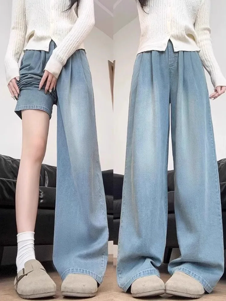 

Ice Silk Wide Leg Jeans High Waist Slimming Straight Leg Pants Summer Thin Large Size Women's Loose Fit Classic Blue Denim