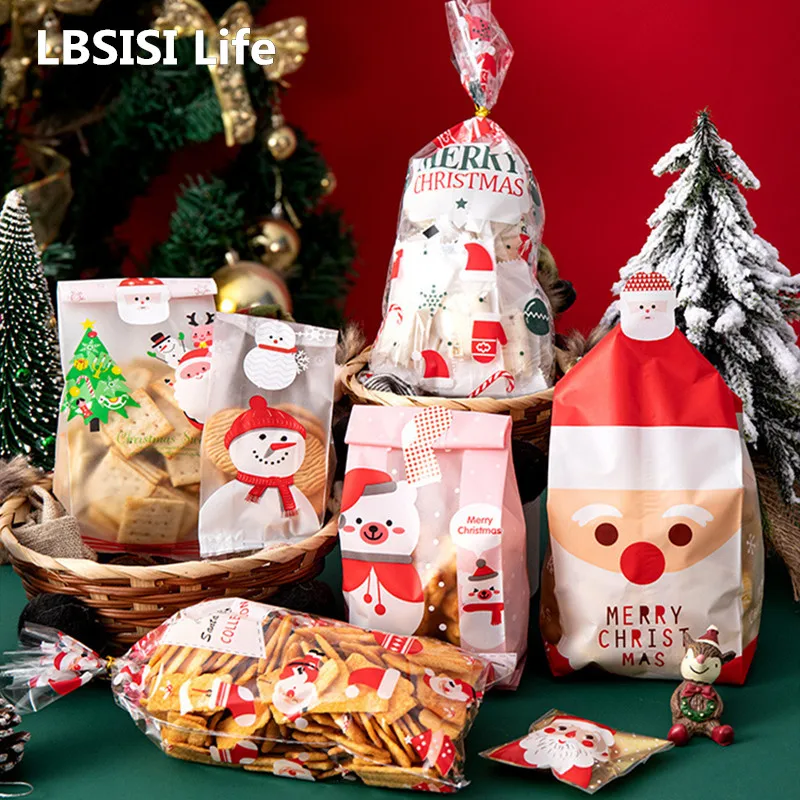 LBSISI Life 50pcs Christmas Candy Bags For Nougat Cookie Gift Bag Cupcake Biscuit Packaging New Year Wedding Party Plastic Pouch