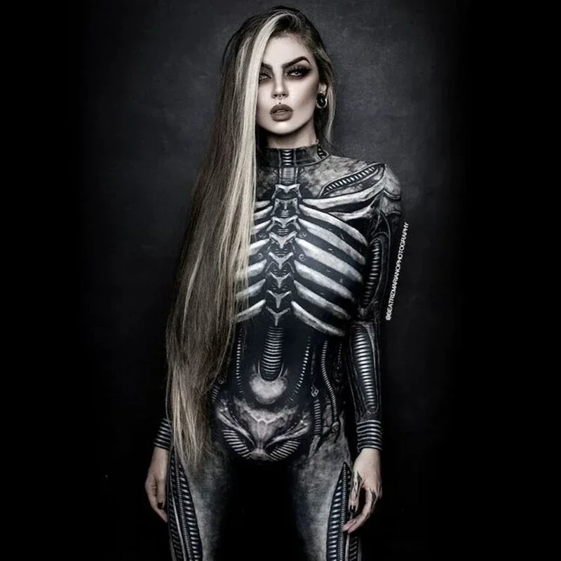 Horror Cosplay Skeleton Jumpsuit Halloween Costumes Slim Humen Body Women Zentai Skull Ghost Tight Suit Carnival Dress Up Party