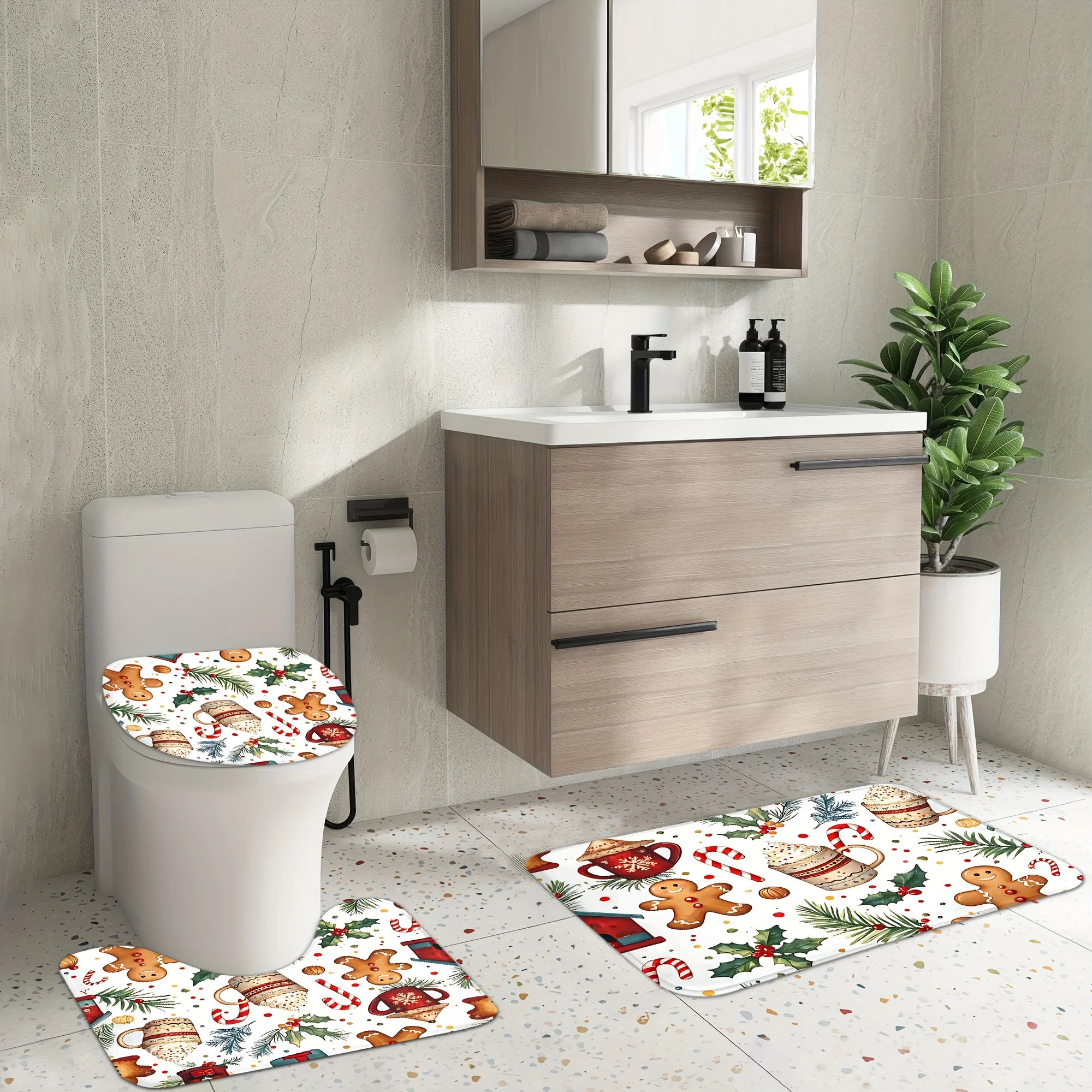 3 Pieces Christmas Gingerbread Man Bathroom Rugs Set, Sweet Xmas Gingerbread Cookie Candy Cane Holly Winter Pattern Non‑Slip Bath Mat U‑Shaped Rug Toilet Seat Cover, Cute Holiday Home Bathroom Decor Gift