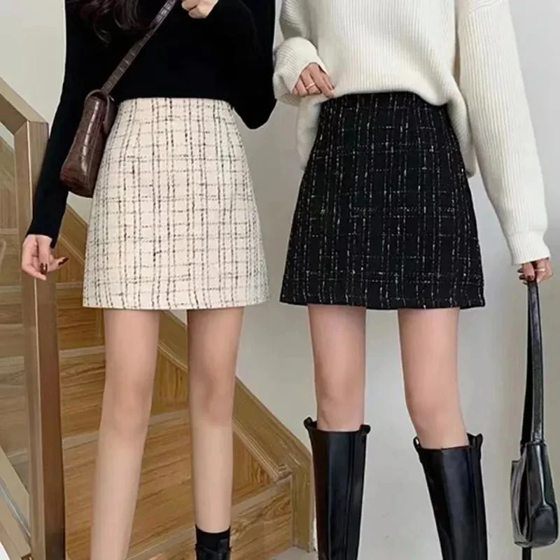 Women High Waist Plaid Tweed Skirt Autumn Winter Thick Woolen Short Skirts Woman Korean Fashion Slim Fit A-Line Skirts Ladies