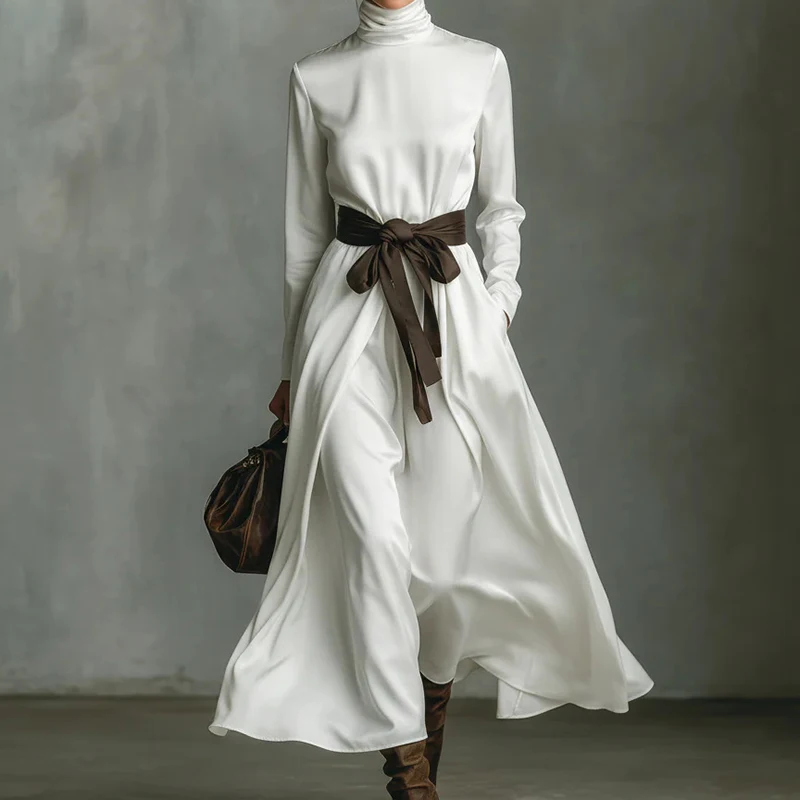 

Spring Holiday Women Elegant Temperament Commuting Robe Dress Casual Loose Bow Tie Up Dress Simple Solid Color Long Sleeve