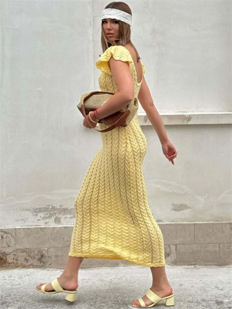 Ruffled Hollow-Out Knit Maxi Dress - V-Neck Beach Cover-Up