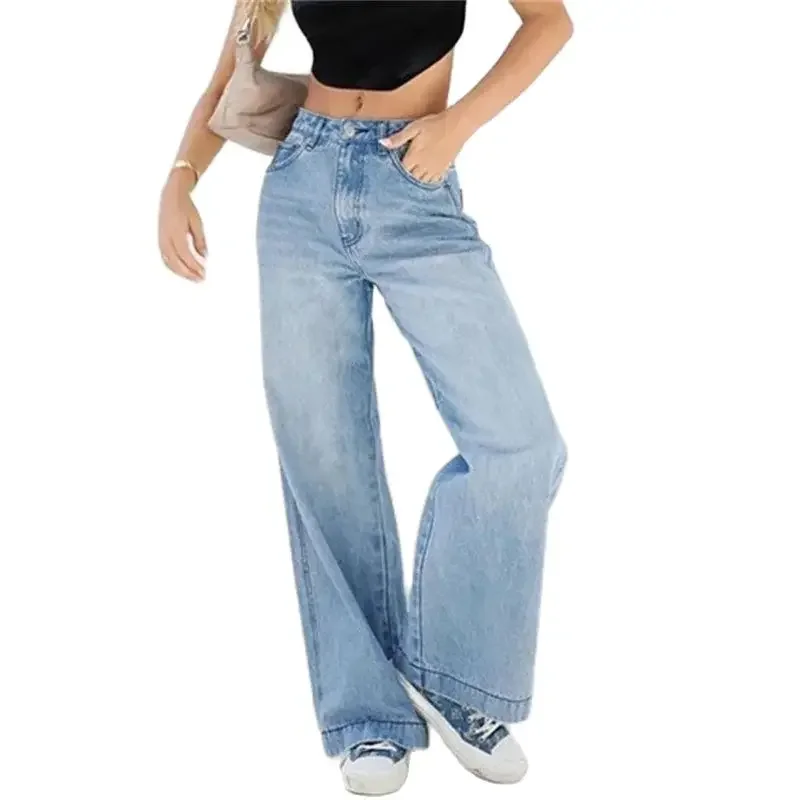 Fashion Loose Mid Waist Straight Jeans Women Daily Casual Commuter Denim Pants High Street Female Wide Leg Floor-length Trousers