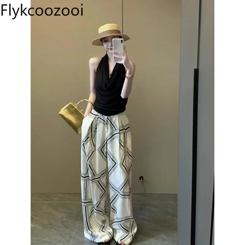 

Elegant Hanging Neck Backless Spicy Tank Top Women Printed High-waisted Wide Leg Pants Summer Lady Premium Two Pieces Set