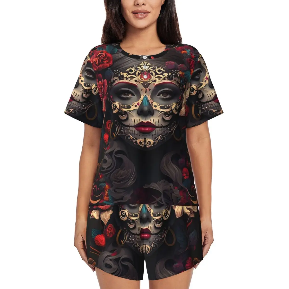 

Mexican Catrina Girl Day Of The Dead Sugar Skull Round Neck Short Sleeves Nightdress for Sleeping Women Pajama Set Short Pants