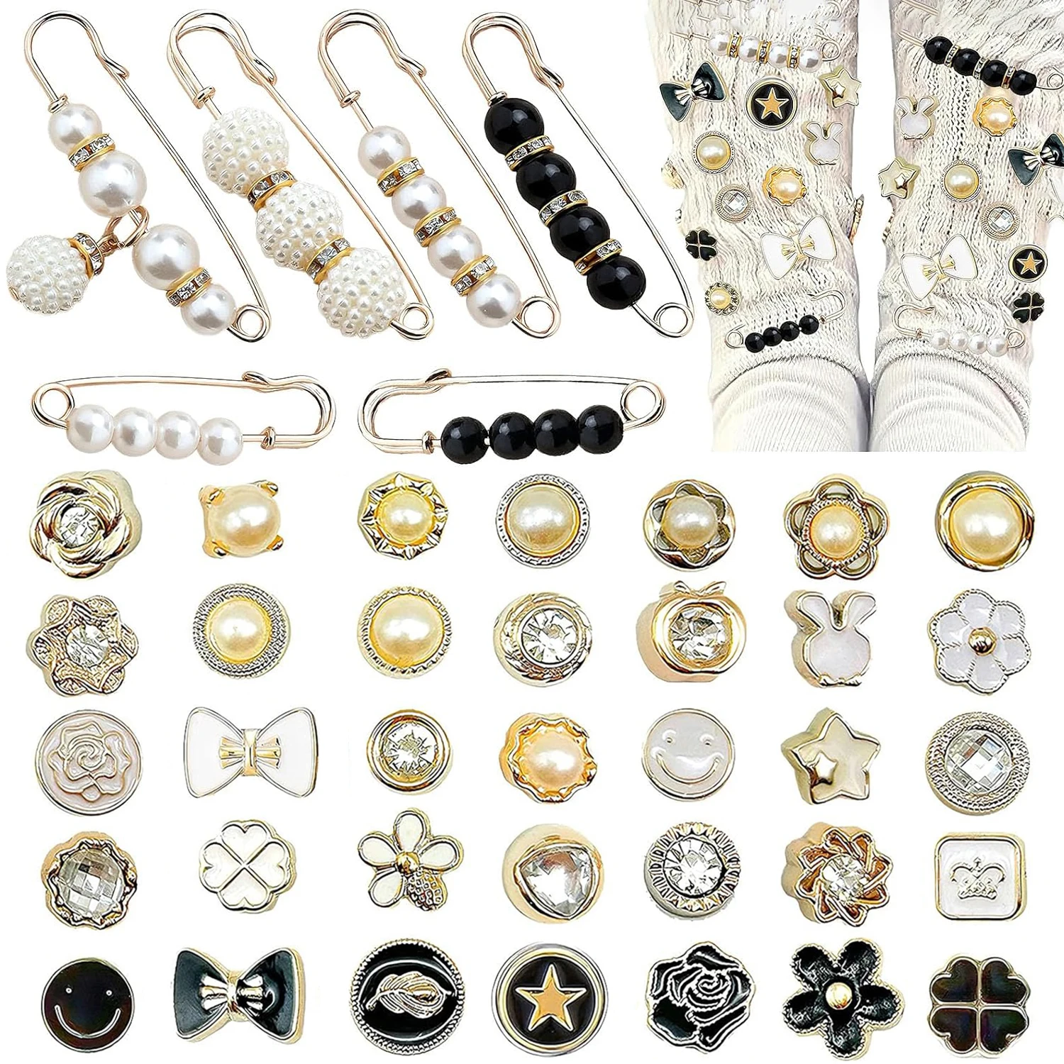 42 Uds. De dijes para zapatillas de deporte, Kit de dijes de calcetines basura, abalorio de calcetín con diamantes de imitación y perlas con alfileres de seguridad, accesorios DIY para decorar