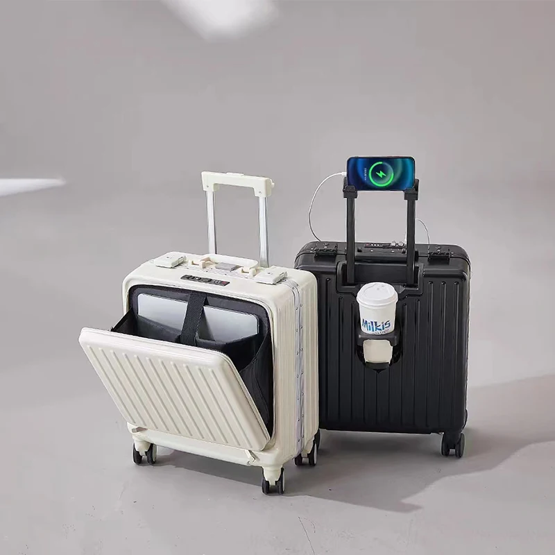 Front Opening Luggage with USB Cup Holder Suitcase Bag Aluminum Frame Travel Bag Phone Holder Small Suitcases Carry-on Trolley