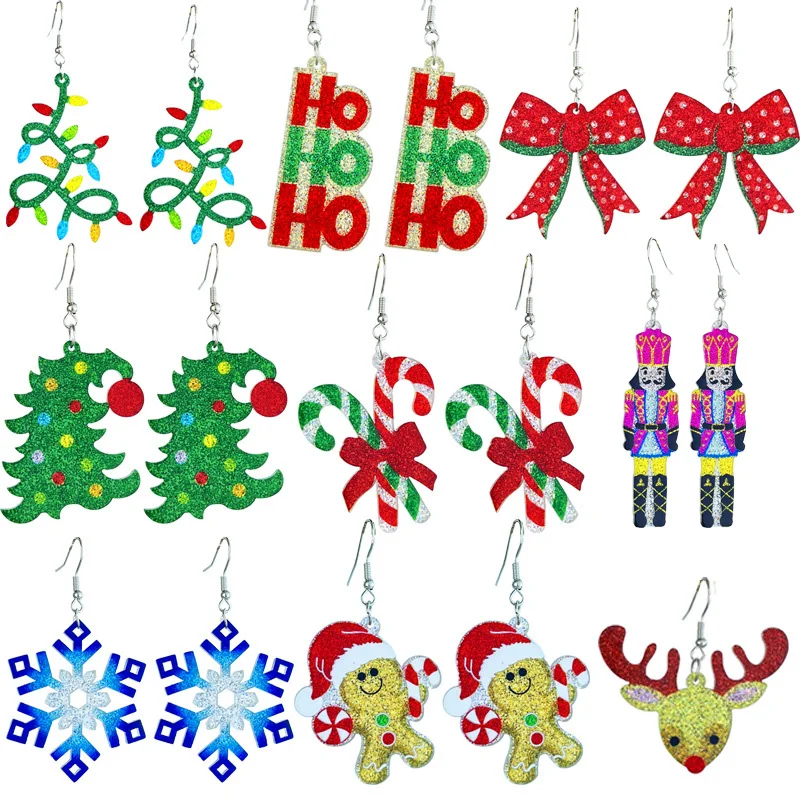 Christmas Sparkling Christmas Tree Gingerbread People Colorful Lights Snowflake Eardrops Bow HOHO Santa shorts Candy Earrings