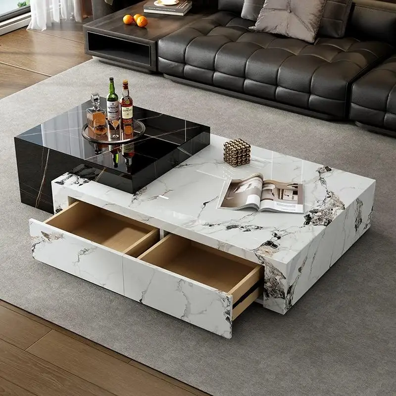 Modern Style Living Room Coffee Table, High-end Smooth Stone Square Center Table, With Storage Space, Suitable For Home Furnitur
