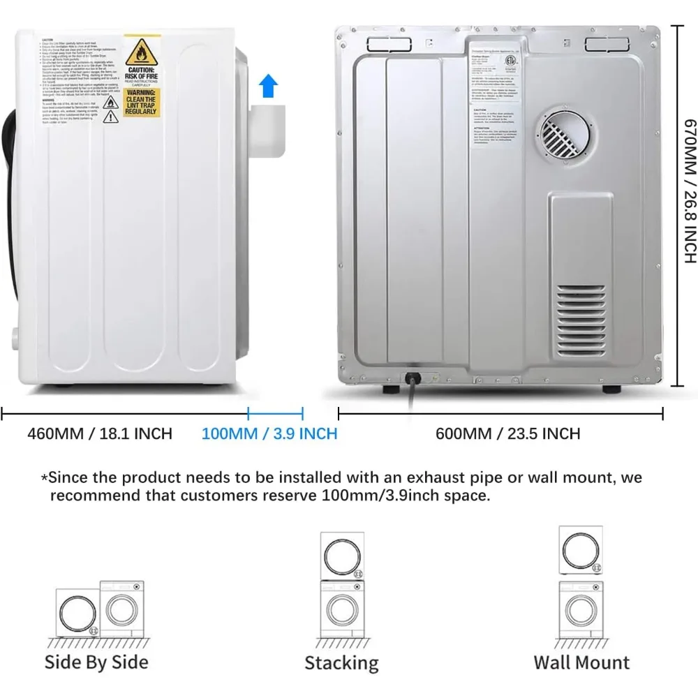 3.5 مكعب. قدم. مجفف ملابس، مجففات كهربائية 1500 وات للملابس، مجفف ملابس كهربائي 110 فولت مع طبلة من الفولاذ المقاوم للصدأ