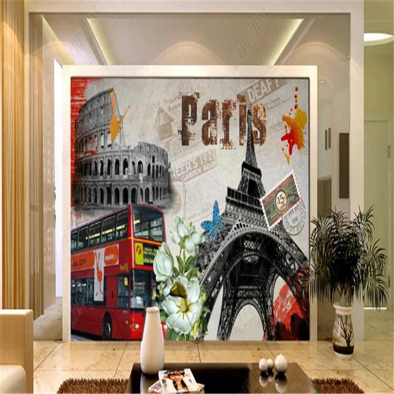 European Oil Painting Bus Flower Paris Eiffel Tower Wallpapers Industrial Decoration Restaurant Background Mural Wall Paper