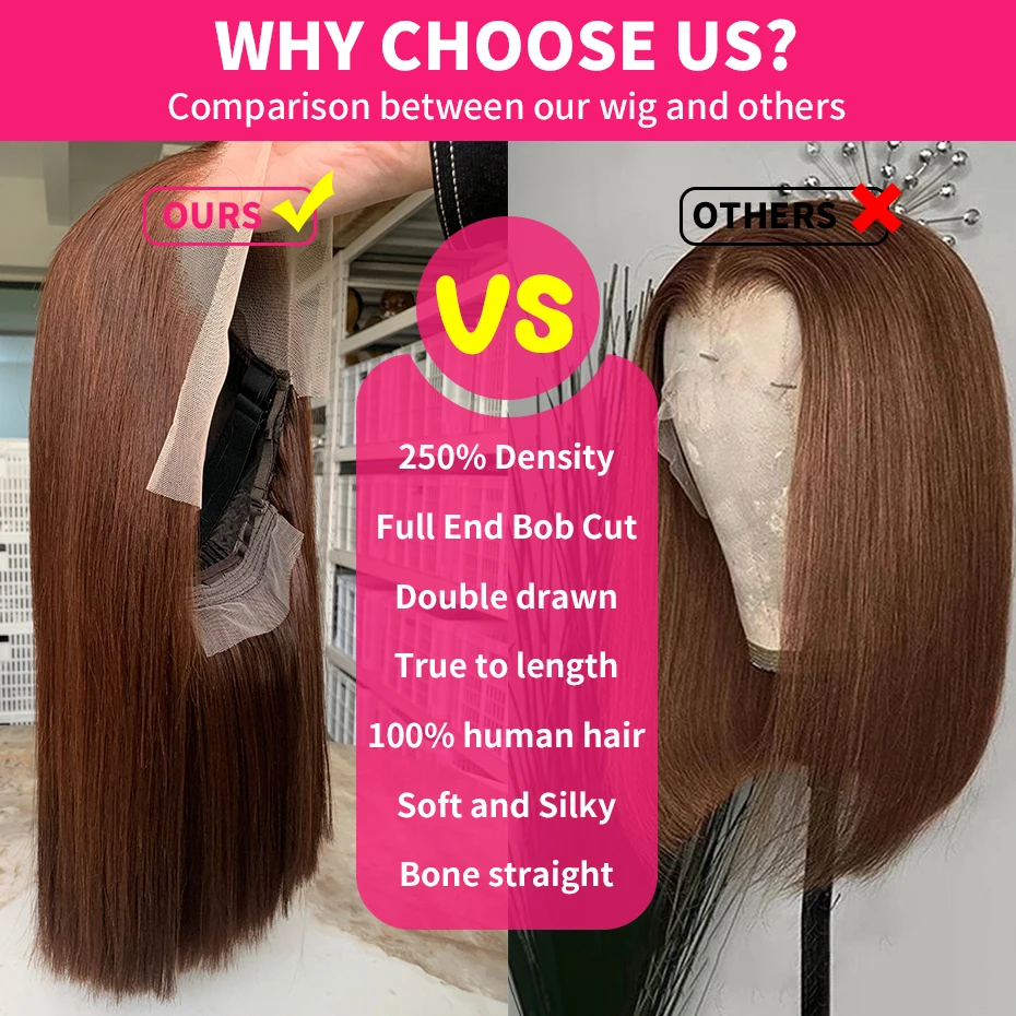 Pelucas sin pegamento 5x5 Wear and Go 2x6 peluca con cierre vietnamita 100 cabello humano marrón sedoso hueso recto 13x6 pelucas frontales de encaje Bob 250