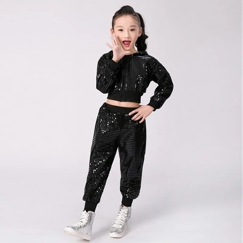 Girls Sequined Sets Kids Fashion Spring Suits Children Hooded Jackets+Pants 2Pcs Outfits Toddler Hip Hop Dance Costumes 3-12Y
