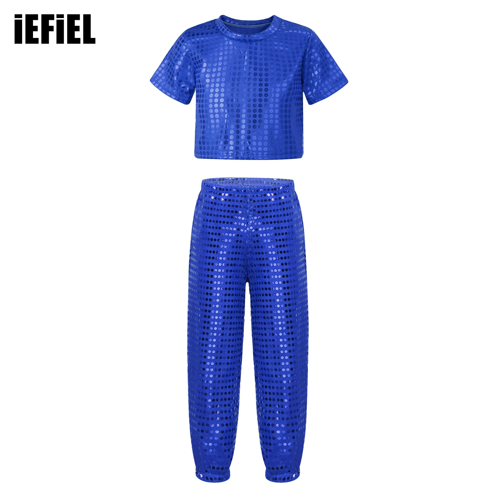 

Kids Boys Girls Shiny Sequins Dance Outfit Short Sleeve Neckline Crop Top with Elastic Waistband Pants for Jazz Performance