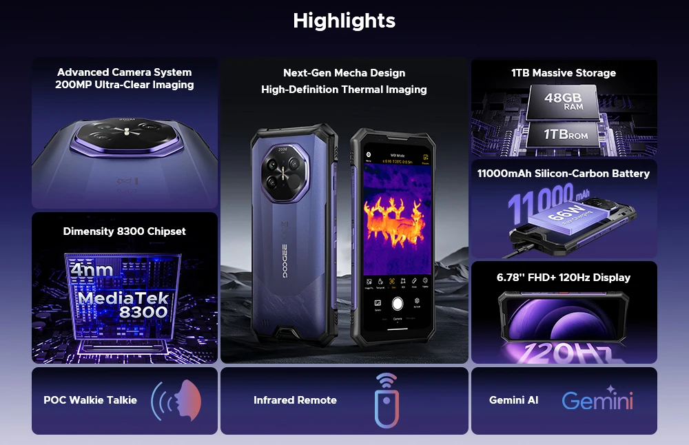 Global Version DOOGEE S300 Plus Thermal 5G Rugged Phone Thermal Imaging 12GB 1TB 6.78'' Screen 11000mAh Android 16 Mobile Phone