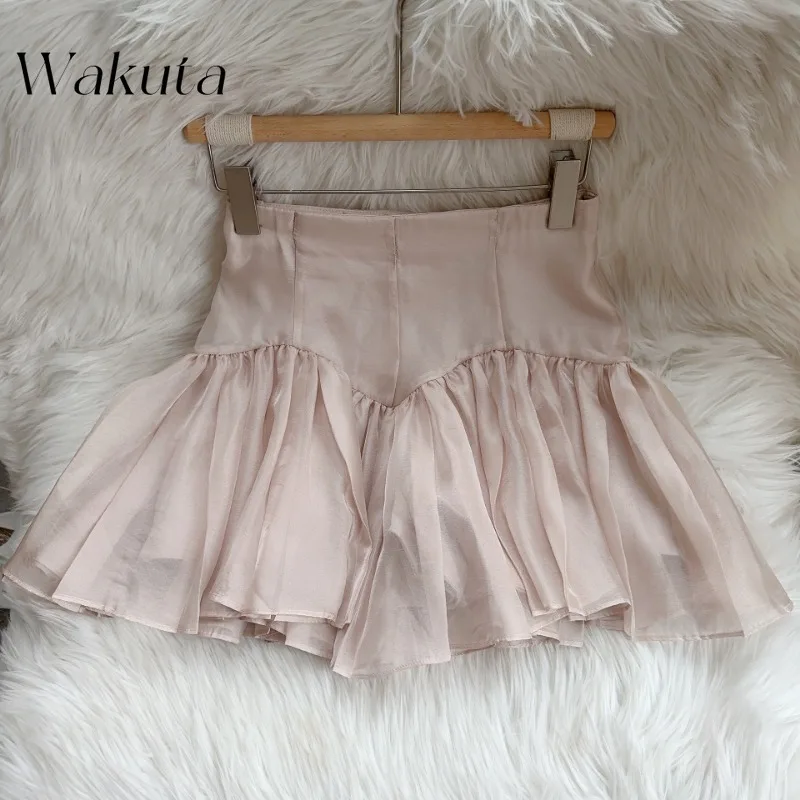WAKUTA ฤดูใบไม้ผลิใหม่เอวสูง A-Line กระโปรง Patchwork จีบเชื้อราสั้นญี่ปุ่น Kawaii All-Match Moda กางเกงขาสั้น