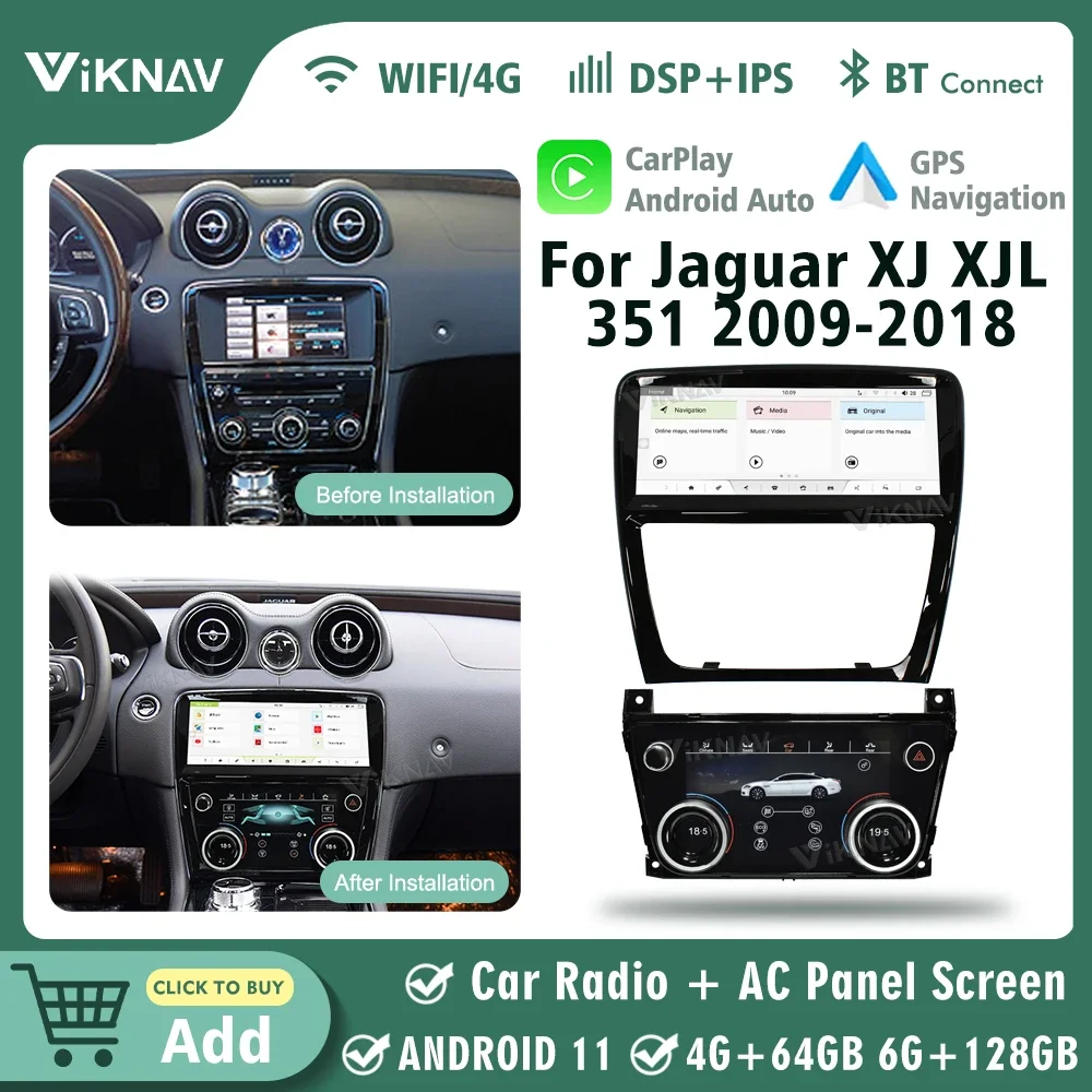 Android 11 Car Radio AC Panel For Jaguar XJ XJL 351 2009-2018 GPS Navigation Multimedia Receiver Player BT Wireless Carplay