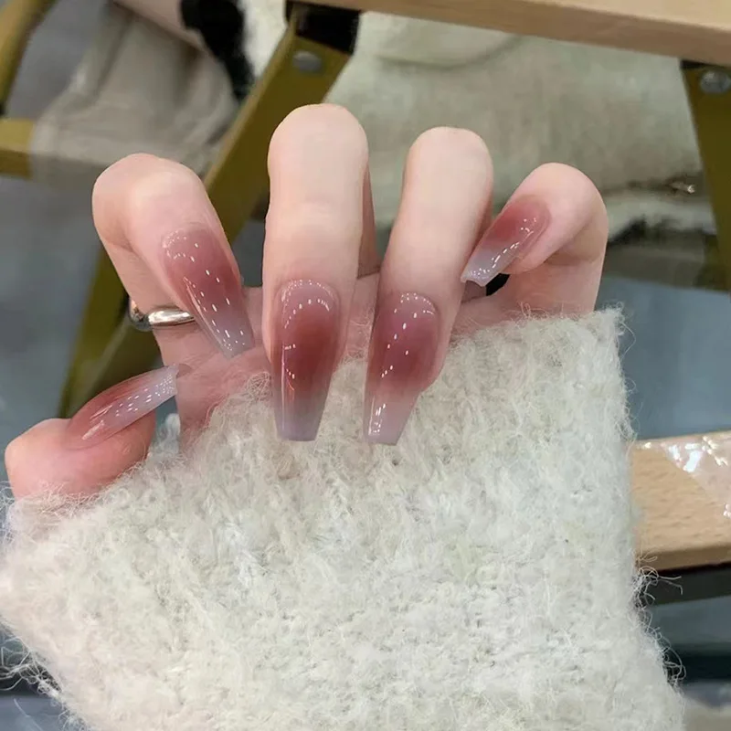 24Pcs Long Ballet Full Cover Fake Nails Simple Blusher Design Detachable False Nails Blue Gradient Press on Nails Tips for Woman