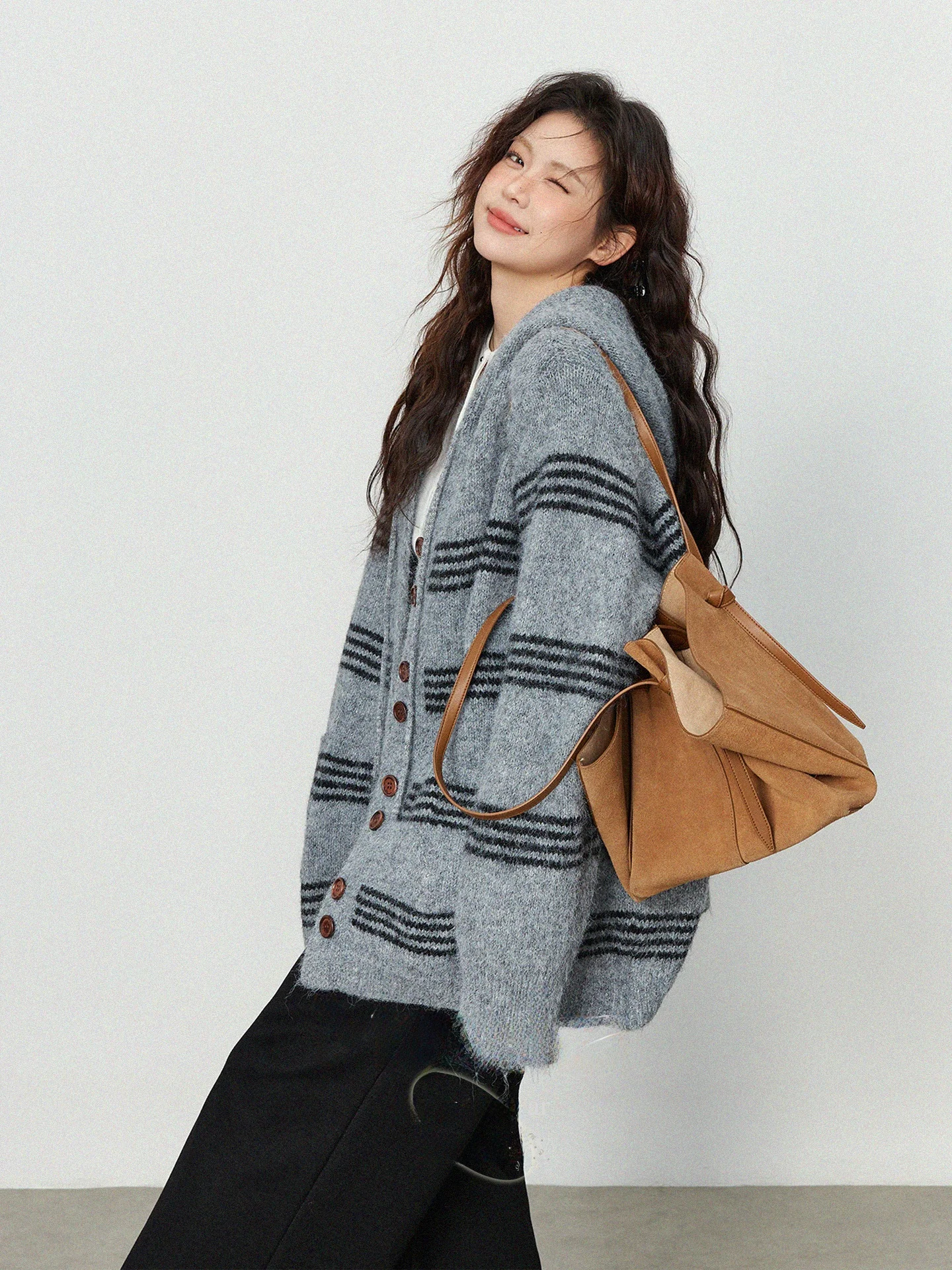 

plus Size Retro College Style Hoodie Women's Striped Knitted Open Cardigan Winter Clothes Slimming Casual Top