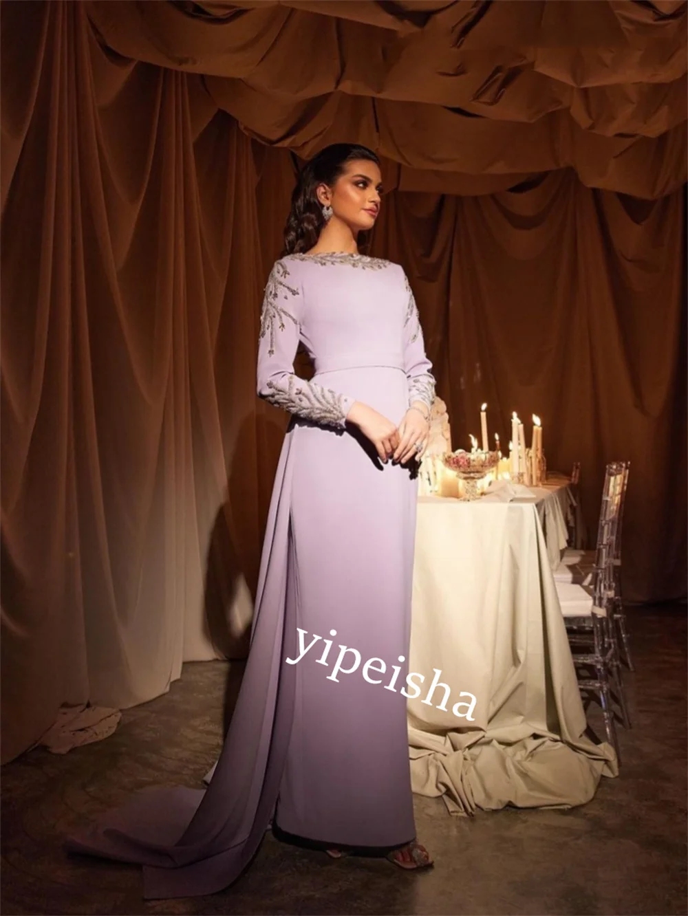 Customized  Evening Jersey Beading Cocktail Party A-line O-Neck Bespoke Occasion Gown Long Dresses Saudi Arabia