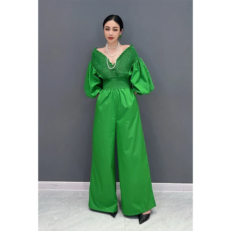 2024 Spring Summer New V-neck Bubble Sleeve Pleated Waist Cinched Green Jumpsuit Women Wide Leg Long Pants LX168