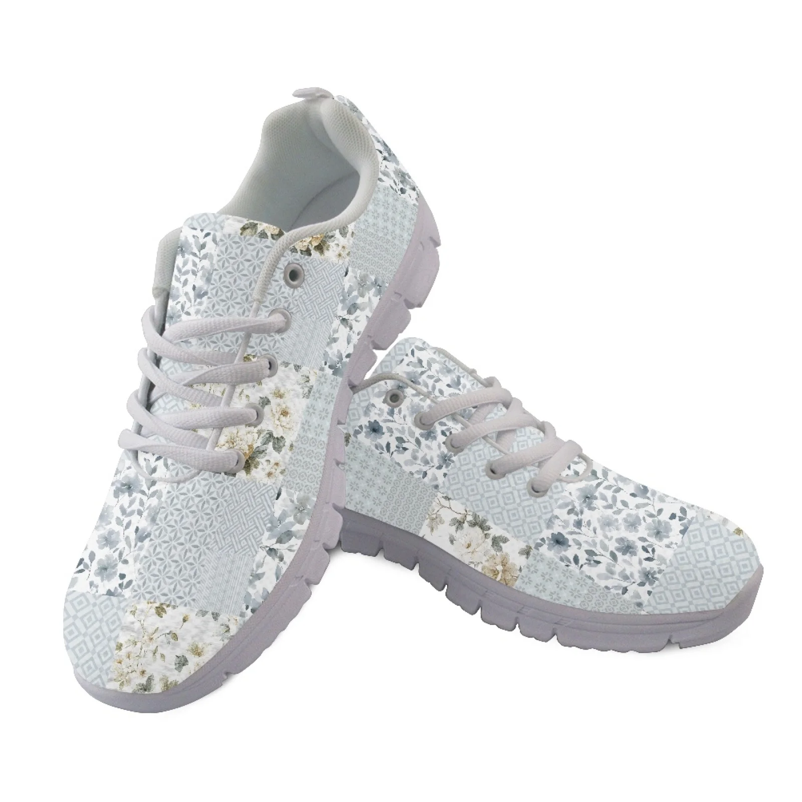 Coloranimal Gray Floral Patchwork Lace Up Sport Shoe Women Running Shoes Running Sport Shoes for Womens Ladies