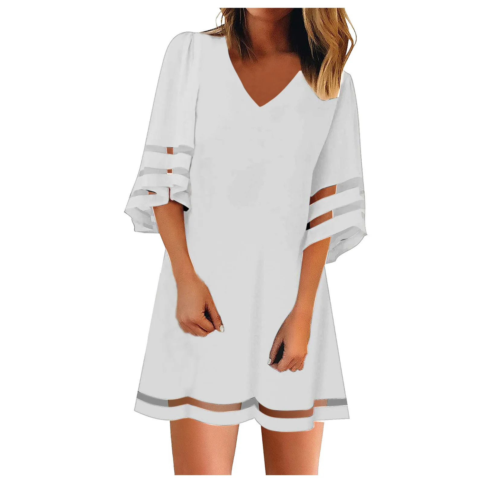 Women's Summer Mini Dress V-neck Three Quarter Sleeve Casual Loose Beach Dresses For Women Tunic Mesh  A Line Dress Vestido