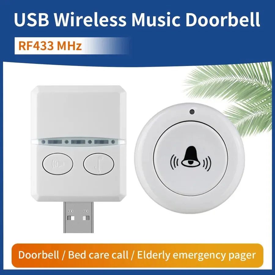 Wireless Doorbell for Home Outdoor USB Door Bell DC 5V RF433 MHz Pairing Remote Control 30 Ringtongs Volume Adjust Bed Care Call