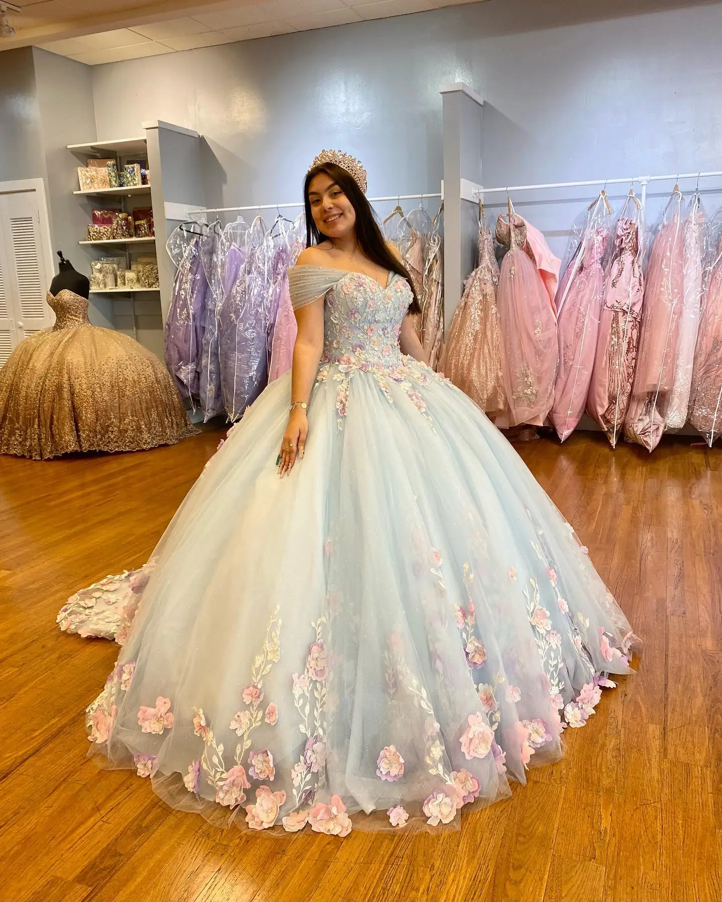 3D Florals vestidos de 15 años 2022 Off-Shoulder Puffy Ballgown Quinceanera Sweet 16 Dress Prom Quince Gown Hand-Made Flowers