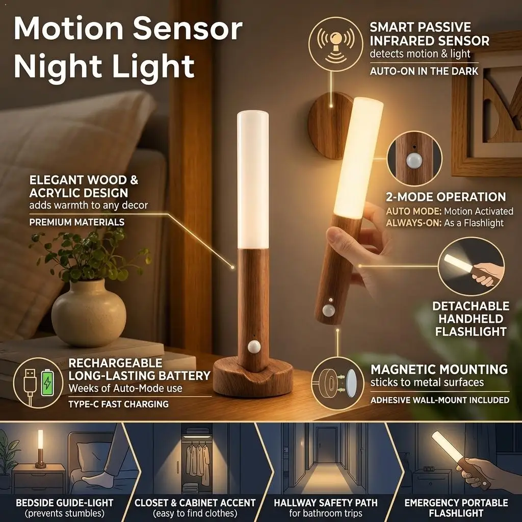 Intelligent Human Body Induction Night Light LED Rechargeable Magnetic Wall Lamp Portable For Hallway Bedroom Stairs Bathroom