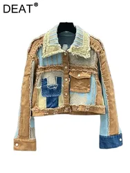 DEAT Women's Denim Coat Patchwork Broken Holes Distressed Single Breasted Slim Short Jackets 2024 Autumn New Fashion 29L8533