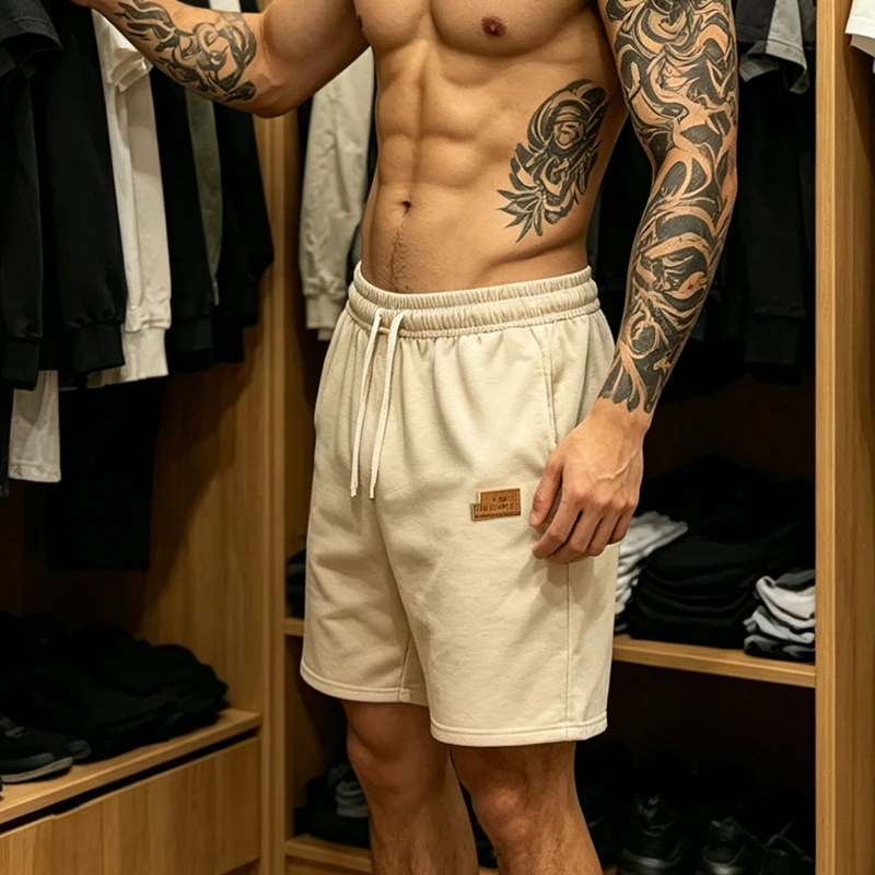 Men Cotton Sweat Shorts Elastic Drawstring Leather Patch Pocket Casual Gym Jogging Workout Sports Bermuda Shorts