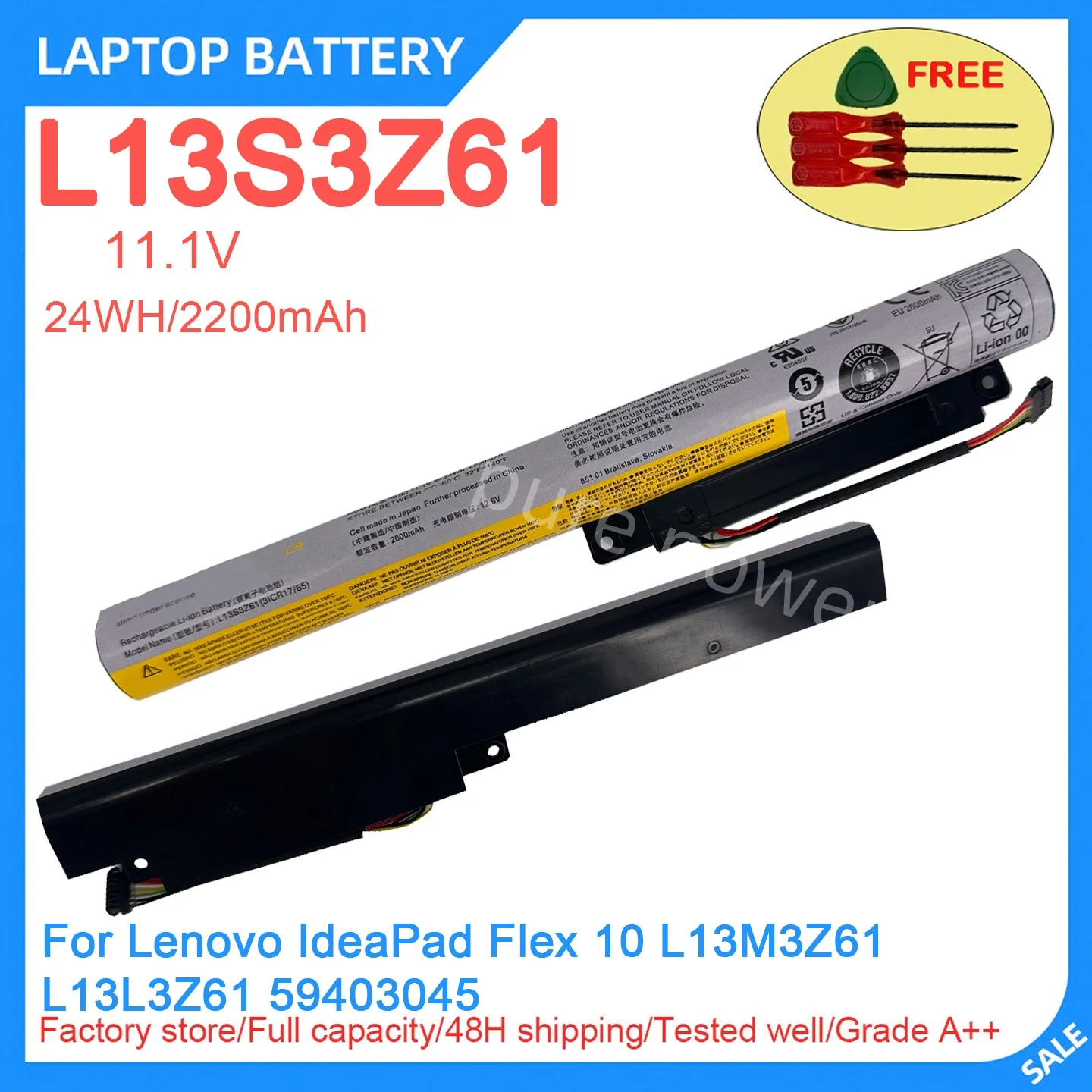 New Laptop Battery L13S3Z61 11.1V 24WH 2200mAh High Quality For Lenovo IdeaPad Flex 10 L13M3Z61 L13L3Z61 59403045