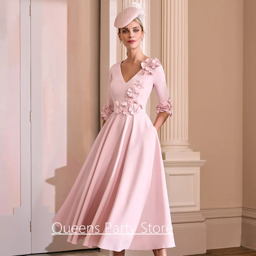 

Pink Mother of The Bride Dress Customized Half Sleeves V Neck Handmade Flowers A Line Tea Length Wedding Guest Party Gown