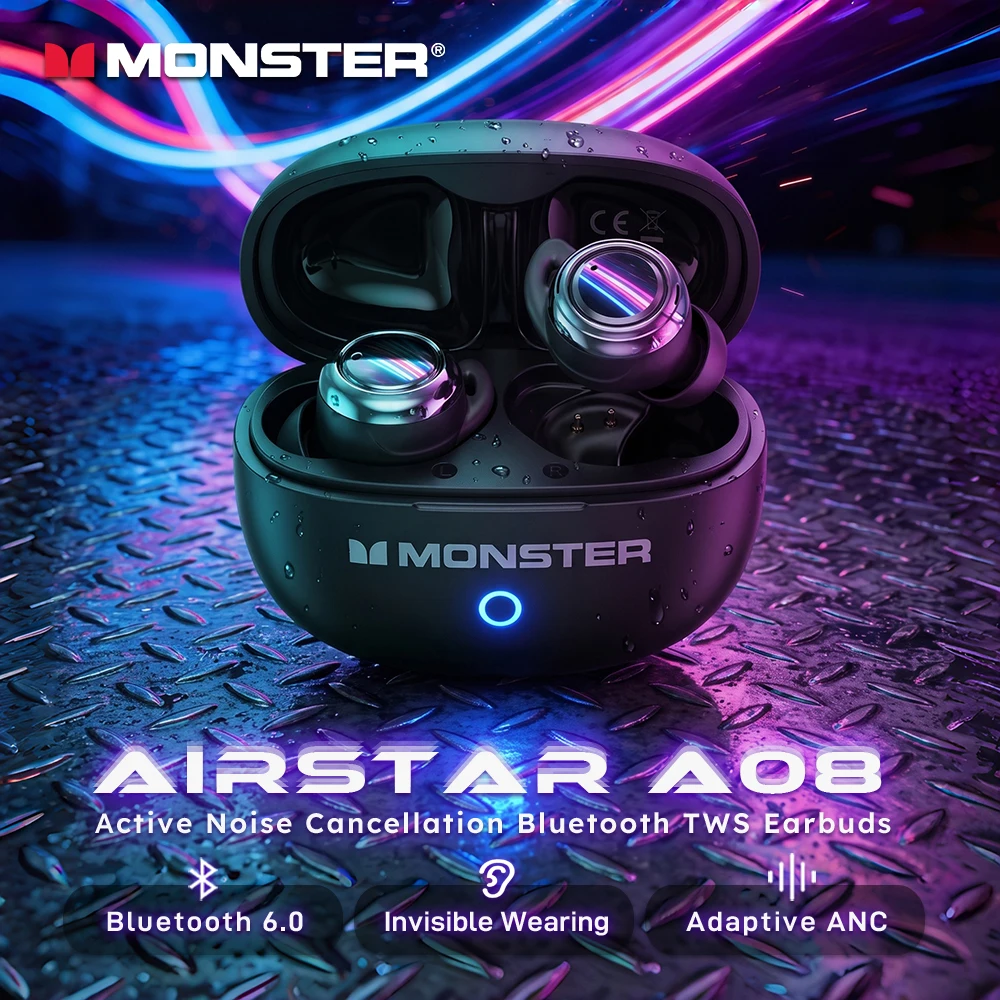 Monster A08 Auricolari Bluetooth 6.0 ANC Mini Invisibili In-Ear Sportivi con Cancellazione Attiva del Rumore TWS Wireless